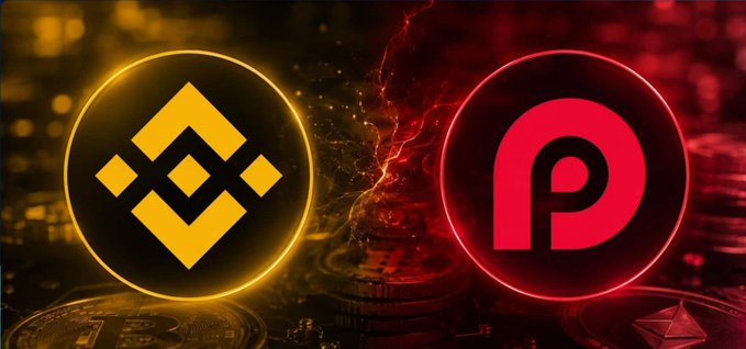 A graphic displaying two cryptocurrency logos side by side: a yellow/gold Binance (BNB) logo on the left and a red Pi Network logo on the right, set against a dark background with coins and energy effects.