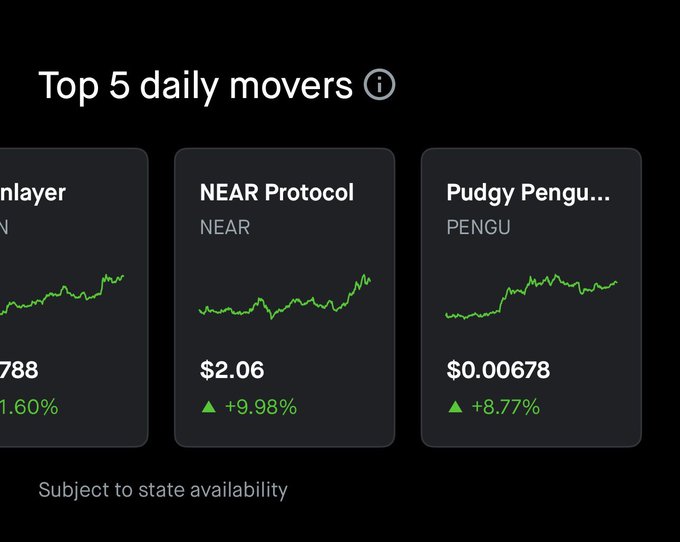 "you just have to believe $PENGU". This quote connects to the topic of the screen which shows the daily price movement between PUDY, Penguin, and NAR protocol and symbols for $PENGU's. The image also highlights the importance of state availability when trading cryptocurrency on exchanges such as NEAR.