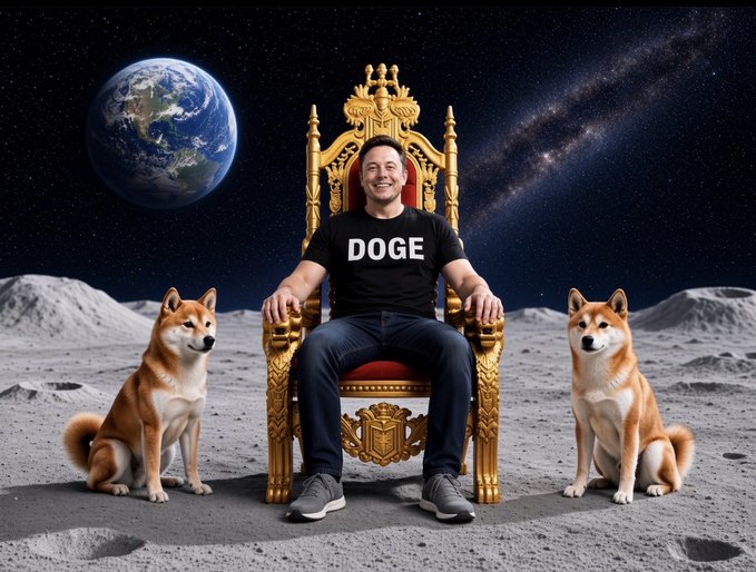A man wearing a black 'DOGE' t-shirt sits on an ornate golden throne on the moon's surface, flanked by two Shiba Inu dogs, with Earth and the Milky Way in the background.