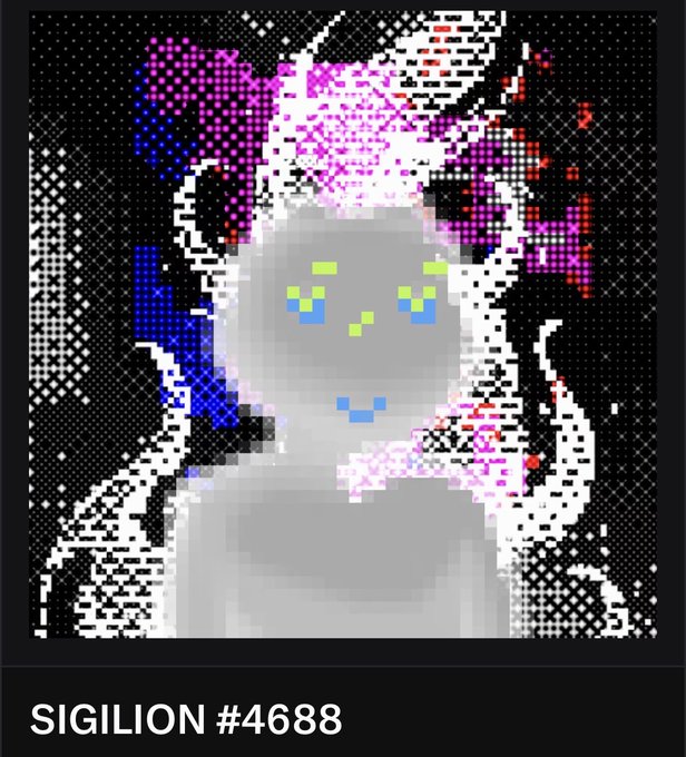 A pixel art portrait of a hooded figure with colorful blue, green, and pink details, labeled 'SIGILION #4688' at the bottom.