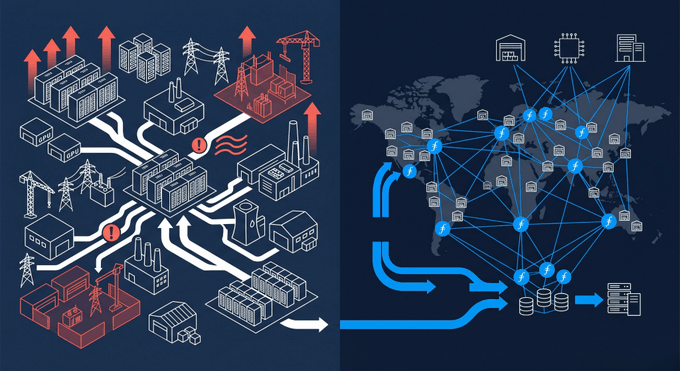 An isometric illustration of industrial facilities, power grids, and global server networks connected by data streams, visually representing the massive AI infrastructure spending ($1.37 trillion of $2.52 trillion in 2026) that Filecoin's decentralized storage layer is positioned to support.