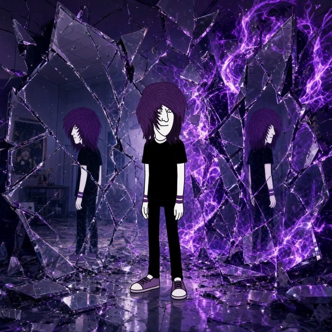 An animated/cartoon illustration of a pale character with messy purple hair wearing all black, standing in a shattered mirror environment with purple energy or lightning effects emanating from behind.