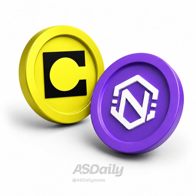 Two cryptocurrency coins, one yellow with a 'C' symbol and one purple with an 'N' logo, displayed with 'ASDaily' and '@ASDailynews' watermarks.