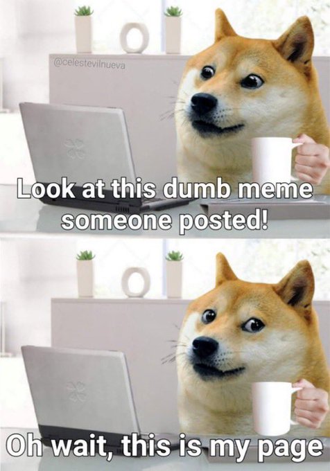 A two-panel Doge meme showing a Shiba Inu holding a mug, with text reading 'Look at this dumb meme someone posted!' and 'Oh wait, this is my page,' watermarked @celesteilnueva.