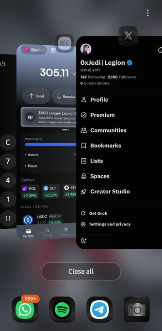A smartphone screenshot showing the X (Twitter) profile of "0xJedi | Legion" (@mei_soft) with 747 Following and 2,180 Followers, displaying menu options like Profile, Premium, and Communities.