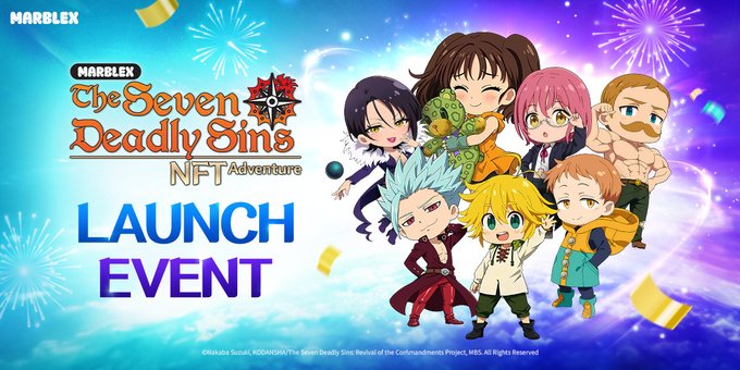 Promotional banner for 'MARBLEX The Seven Deadly Sins NFT Adventure LAUNCH EVENT' featuring chibi characters from the anime against a blue background with fireworks and falling gold.