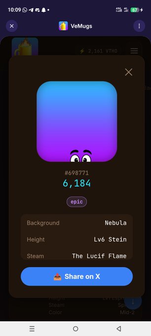 A mobile screenshot of a VeMugs app displaying an NFT-style character card with a purple-blue gradient background, numbered #698771, valued at 6,184, classified as 'epic', with traits Background: Nebula, Height: Lv6 Stein, and Steam: The Lucif Flame.