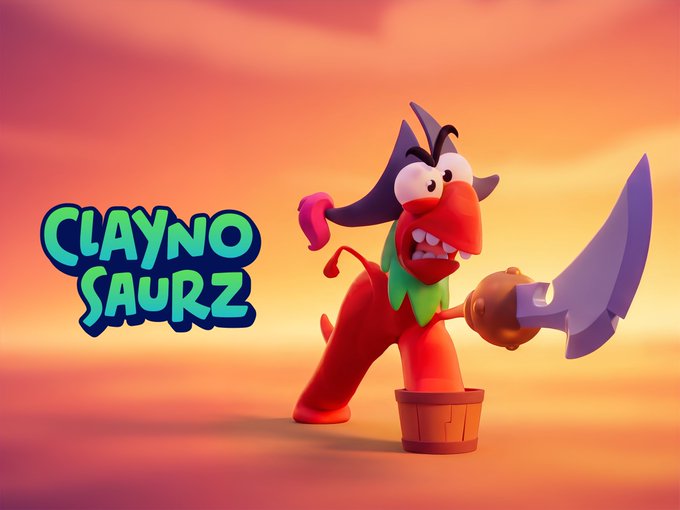 A 3D-rendered pirate character with a red beard, hook hand, and sword stands beside a treasure chest against a sunset background, with the 'CLAYNO SAURZ' logo displayed on the left.