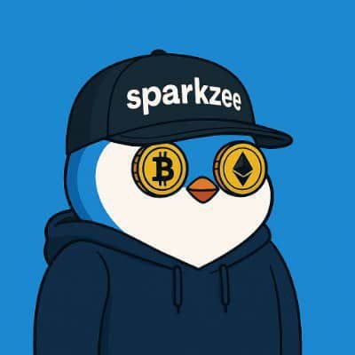 A cartoon penguin character wearing a black hoodie and a cap labeled "sparkzee" with Bitcoin and Ethereum logos for eyes, on a blue background.