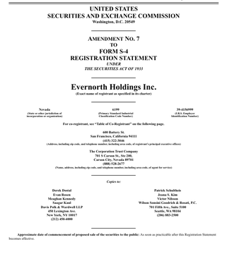 The cover page of SEC Form S-4 Registration Statement Amendment No. 7 for Evernorth Holdings Inc., filed by The Corporation Trust Company.