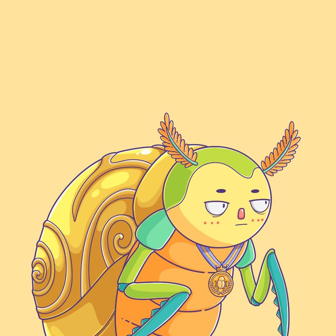 A cartoon bug character with a yellow-green face, orange body, and golden spiral shell wears a medal and looks unimpressed, set against a pale yellow background. The image aligns with the post promoting the @unvault Genesis Bugz NFT minting event, featuring the mascot of the omnichain NFT launchpad giveaway.