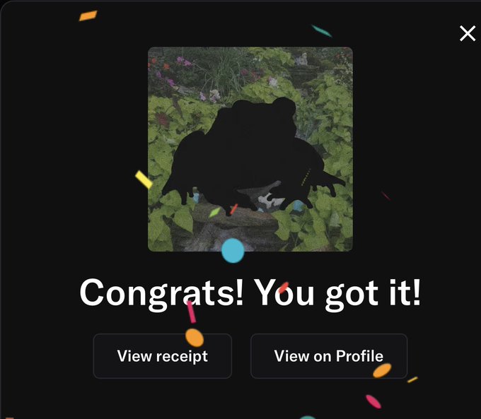 A celebration screen reading "Congrats! You got it!" with a blacked-out silhouette of the "Panda" NFT over a garden scene, featuring "View receipt" and "View on Profile" buttons. The image corresponds to the user's post about impulsively minting the @rollinpinkpanda NFT from their car while driving through downtown Toronto.