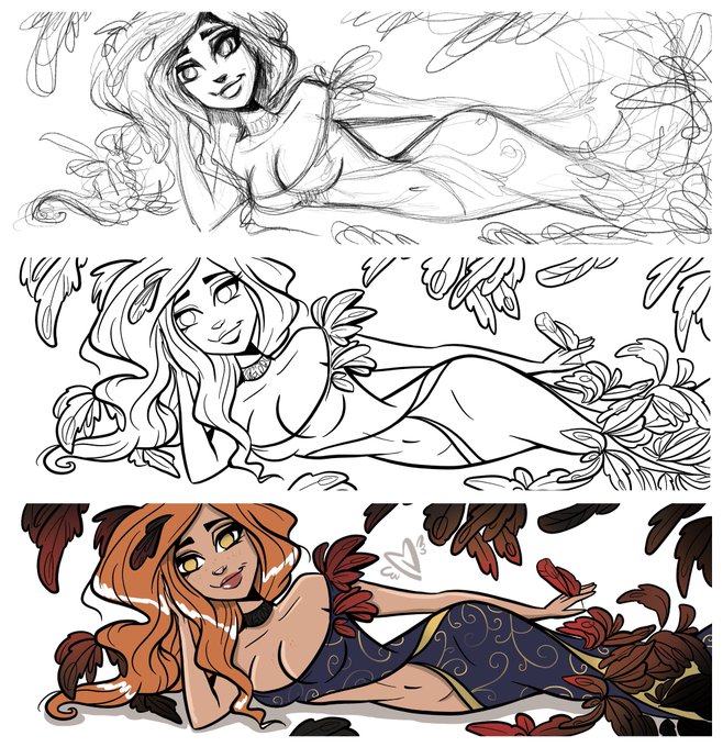 Three stages of a digital illustration: rough sketch, clean line art, and final color of a red-haired woman lying among autumn leaves.