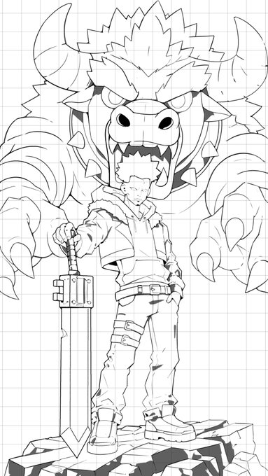 A black-and-white line art sketch on graph paper depicting a warrior character holding a sword, standing in front of a large roaring beast.