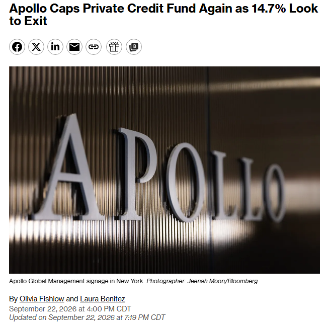 The image shows a Bloomberg article headlined "Apollo Caps Private Credit Fund Again as 14.7% Look to Exit," featuring the Apollo Global Management signage and photo credit to Jeenah Moon. It relates to the post by illustrating institutional "smart money" at Apollo throttling redemptions from a private credit fund, suggesting insiders are limiting exits while retail investors may be entering unaware—setting up the dynamic of smart money escaping while retail serves as exit liquidity.