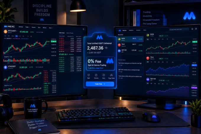 A trading desk setup with multiple monitors displaying cryptocurrency charts and data for tickers like BTCUSDT and ETHUSDT, with a central pop-up showing 'MEXC', a 'Total Unified USDT Collateral' of '2,487.36', and a '0% Fee' promotion for 'Spot & Futures Trading'.