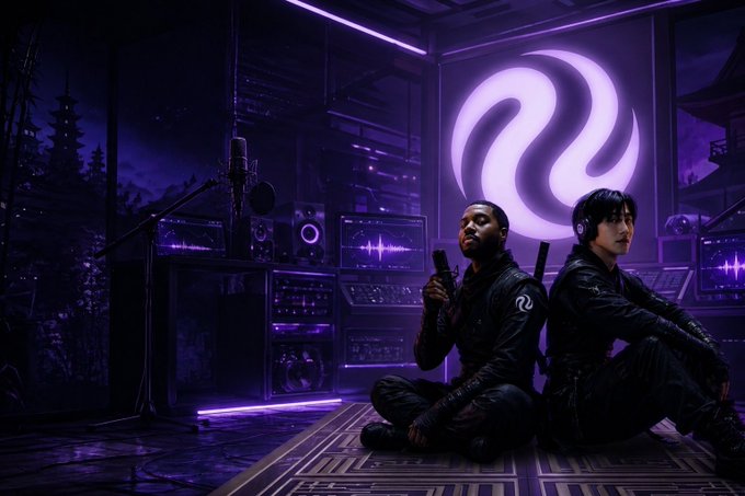 The image shows two performers, including global American artist Khalid and Ahn Hyo-seop, sitting back-to-back in a purple-lit recording studio, with a microphone and audio equipment visible. A glowing white Injective logo is prominently displayed on the wall behind them, representing the blockchain platform where their collaboration "Something Special" from Demon Hunters has been officially tokenized.