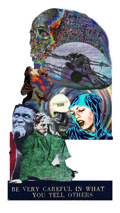 A surreal collage featuring various images including a building, a military helicopter, a figure in a blue hood, and other elements, with the text 'BE VERY CAREFUL IN WHAT YOU TELL OTHERS' at the bottom.