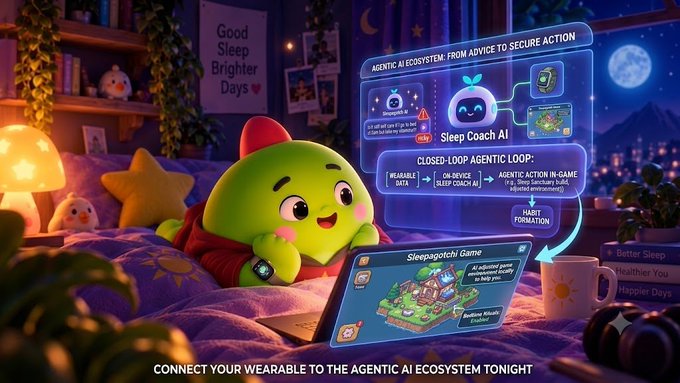A scene showing the green cartoon character on a bed with a laptop displaying a 'Sleepagotchi Game', connected to an 'AGENTIC AI ECOSYSTEM' diagram and text reading 'CONNECT YOUR WEARABLE TO THE AGENTIC AI ECOSYSTEM TONIGHT.'