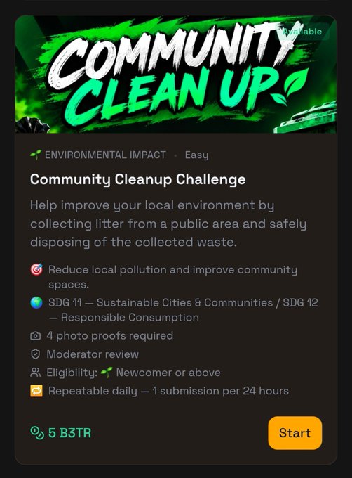 A mobile app screen displaying a "COMMUNITY CLEAN UP" challenge, classified under Environmental Impact with an Easy difficulty, offering 5 B3TR as a reward.