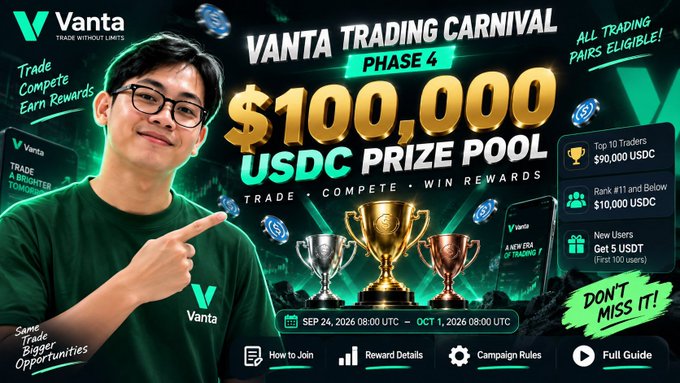 A promotional banner advertises the 'VANTA TRADING CARNIVAL PHASE 4' with a '$100,000 USDC PRIZE POOL' running from 'SEP 24, 2026' to 'OCT 1, 2026'.