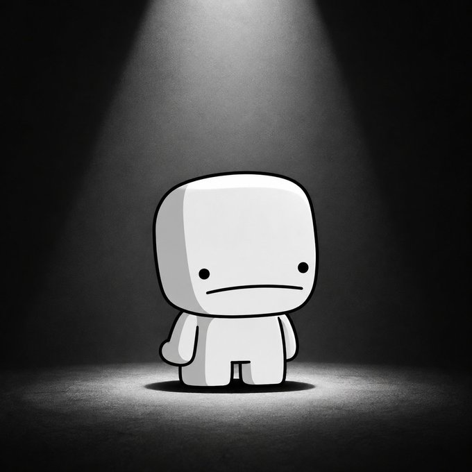 A small, blank-faced cartoon character stands alone under a dramatic spotlight in a dark void, visually evoking the "Blanko" NFT name and its empty, faceless identity featured in the mint announcement.