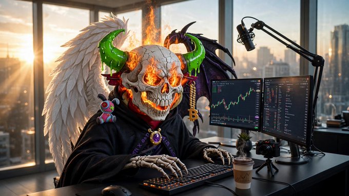 A digital artwork of a horned, flaming skull character wearing a black robe and a Bitcoin necklace, sitting at a desk with dual monitors displaying trading charts.