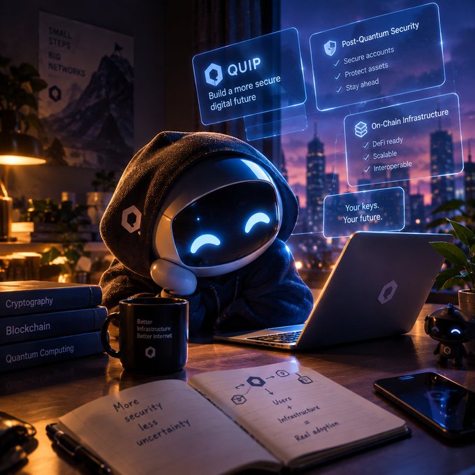 An AI-themed digital artwork showing a hooded robot with glowing blue eyes at a desk, surrounded by holographic panels advertising 'QUIP - Build a more secure digital future' with features like 'Post-Quantum Security' and 'On-Chain Infrastructure'.