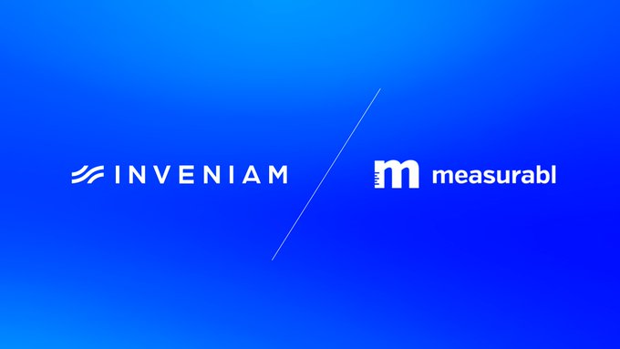 Corporate announcement graphic with a blue gradient background displaying the logos for 'INVENIAM' and 'measurabl' separated by a diagonal line.