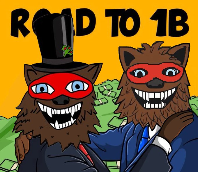 A digital illustration shows two smiling brown furry characters wearing red domino masks, set against a yellow background with stacks of money. Text above reads 'ROAD TO 1B', and one wears a top hat with a small green frog emblem.