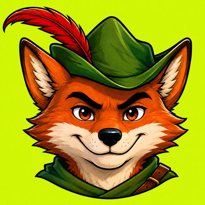 A cartoon-style illustration of an orange fox character wearing a green Robin Hood hat with a red feather, set against a lime green background, complementing the "RobinHood" meme coin promotion. The fox's mischievous expression and forest-themed attire playfully tie into the branding of the $HOOD token shared in the post.