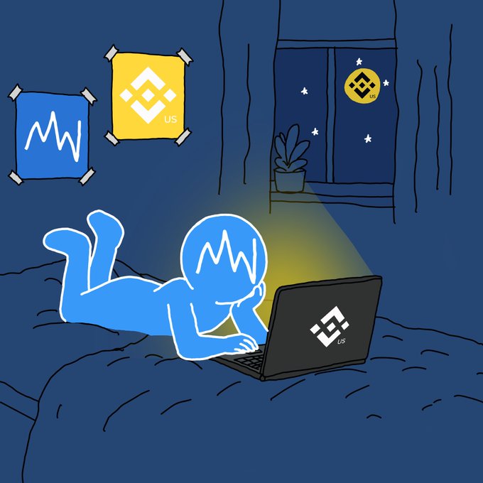 A blue Binance logo character lies on a bed in a dark bedroom illuminated by a laptop displaying the Binance.US logo, while posters featuring Binance and Binance.US branding hang on the wall beside a window showing the Binance.US logo in the night sky, illustrating a nocturnal crypto trader's lifestyle that ties into the Binance.US promotion offering 10,000 $USDUC for new sign-ups.