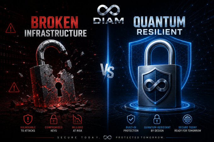 A split-screen advertisement for 'DIAM' comparing 'BROKEN INFRASTRUCTURE' (shown as a damaged padlock on the left) versus 'QUANTUM RESILIENT' (shown as a secure padlock with an infinity symbol shield on the right), with the tagline 'SECURE TODAY. PROTECTED TOMORROW.'