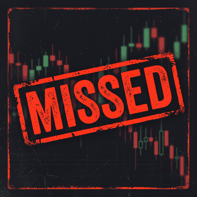 A red grunge-style stamp reading 'MISSED' overlaid on a stock chart with green and red candlesticks, indicating a missed trade opportunity.