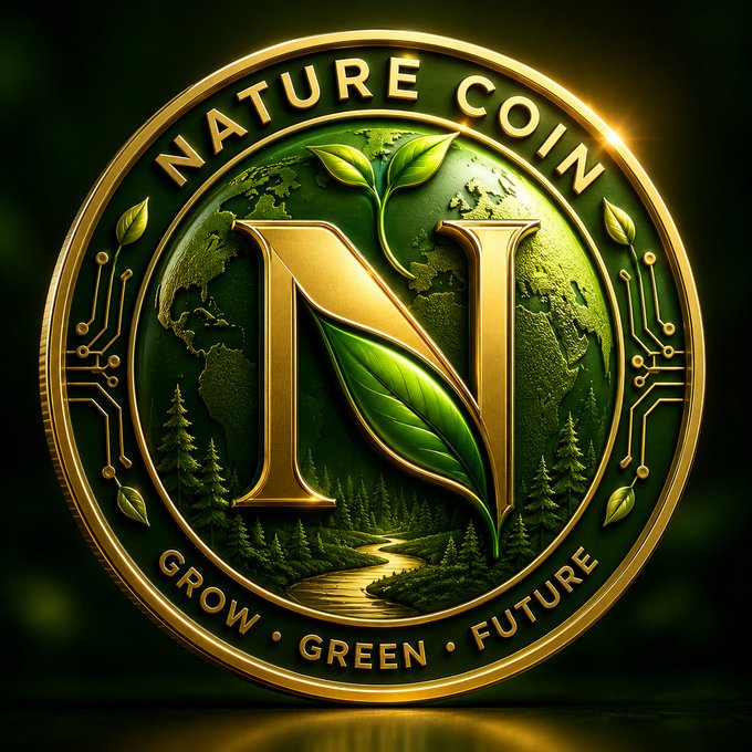 A digital illustration of a gold and green coin labeled "NATURE COIN" with the letter "N" in the center surrounded by leaves and a forest landscape, and the tagline "GROW • GREEN • FUTURE".