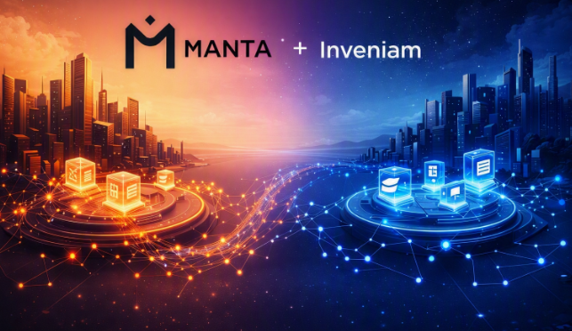 A promotional banner for 'MANTA + Inveniam' featuring a split orange and blue digital cityscape with glowing blockchain icons.