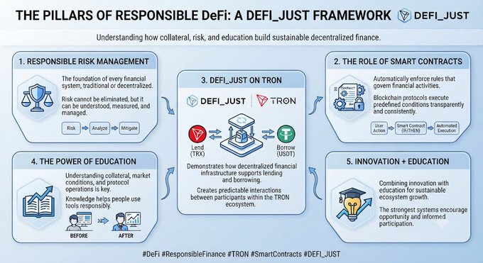 An infographic titled 'THE PILLARS OF RESPONSIBLE DeFi: A DEFI_JUST FRAMEWORK' outlining five principles including risk management, smart contracts, and education, featuring DEFI_JUST and TRON logos.