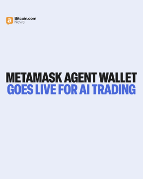 A Bitcoin.com News graphic announces "METAMASK AGENT WALLET GOES LIVE FOR AI TRADING" in bold black and blue text on a light background, with the Bitcoin.com News logo in the top left corner. The image visually supports the news of MetaMask's new Agent Wallet launch, which enables AI agents to execute onchain transactions with customizable security features like spend limits, Guard Mode or Beast Mode, threat scanning, and MEV protection.