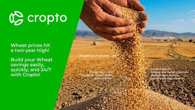 An advertisement for 'cropto' with a green panel reading 'Wheat prices hit a two-year high! Build your Wheat savings easily', next to an image of hands pouring wheat grain in a field with labels like 'Drought and Production Loss' and 'Rising Input Costs'.