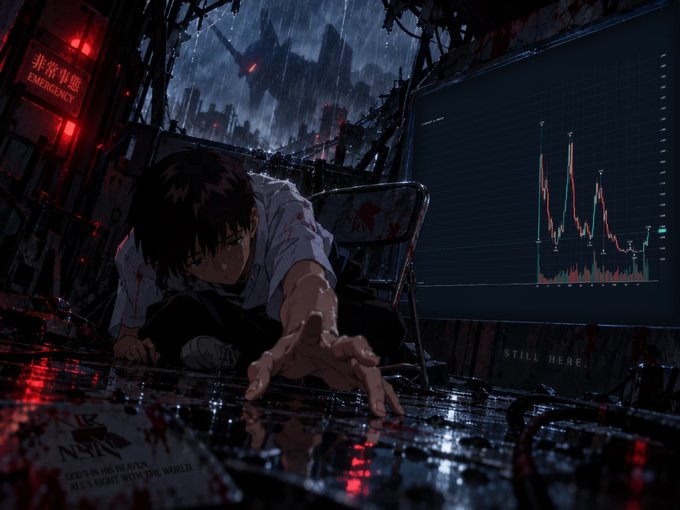 A dark, anime-style digital illustration of a bloodied character reaching out on a wet floor in a ruined city, with a stock chart and the text 'STILL HERE' visible.