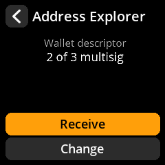 The screenshot displays SeedSigner's "Address Explorer" screen, showing "Wallet descriptor" and "2 of 3 multisig" as the parsed policy details, with "Receive" and "Change" navigation buttons below. This demonstrates the airgapped signer's new ability to translate raw miniscript descriptors into plain English, as mentioned in the post about testing across 2-of-3 multisig configurations.