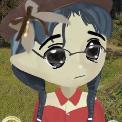 An anime-style character with blue hair, large glasses, and a red dress, appearing to have a tear or mark under one eye.