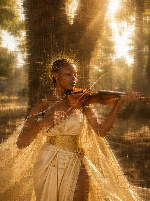 A stylized digital artwork of a woman playing a violin, wearing an elegant white and gold gown with a sunburst headdress, surrounded by glowing golden light.