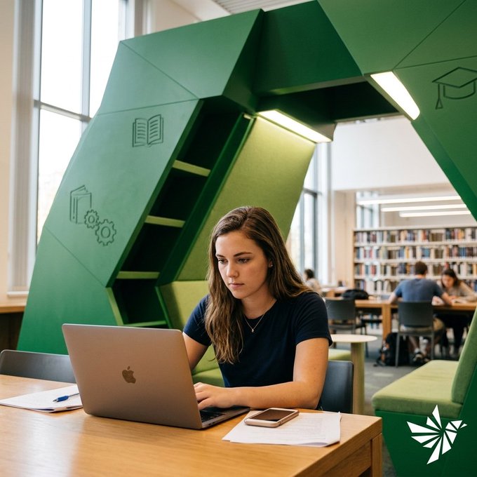 A young woman working on an Apple MacBook laptop at a wooden table in a modern library, with distinctive green angular study pods visible in the background.