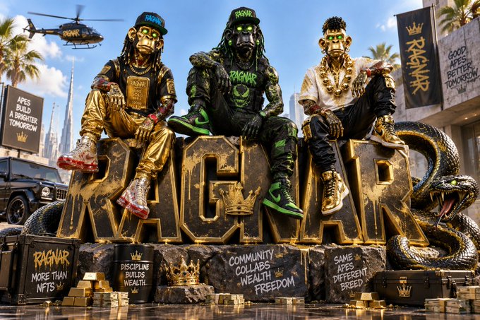A promotional render for the 'RAGNAR' NFT/crypto project shows three stylized characters in gold and green streetwear sitting atop giant gold 'RAGNAR' letters, flanked by a cobra, gold bars, and banners reading 'APES BUILD A BRIGHTER TOMORROW,' 'GOOD APES BETTER TOMORROW,' and 'DISCIPLINE BUILDS WEALTH,' with 'COMMUNITY COLLABS WEALTH FREEDOM' and 'SAME APES DIFFERENT BREED' on the base.