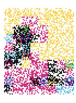 An abstract, pixelated image with a white border, featuring blocks of yellow, magenta, black, and blue colors.