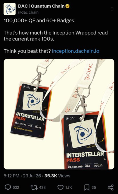The image shows a DAC (Quantum Chain) Twitter post announcing that the top 100 Inception Wrapped holders each received 100,000+ QE tokens and 60+ badges, with a link to check eligibility at inception.dachain.io. The accompanying comment expresses skepticism that this is DAC's airdrop eligibility criteria, suggesting the post is being mocked for seemingly requiring massive token holdings to qualify for rewards.