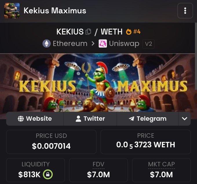 A cryptocurrency page displays the 'Kekius Maximus' (KEKIUS / WETH) token on Uniswap V2, showing a price of $0.007014, liquidity of $813K, FDV and MKT CAP of $7.0M, with meme-style artwork of frogs dressed as gladiators.