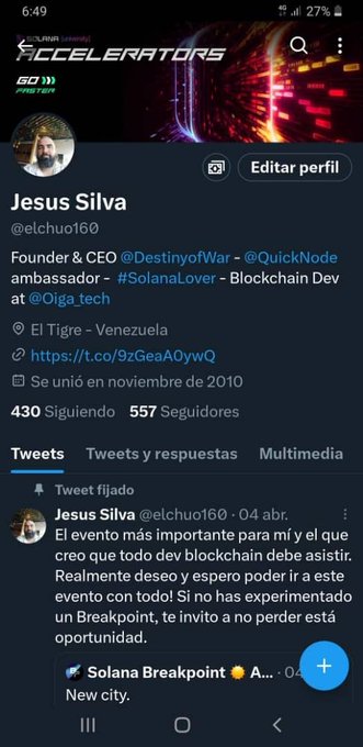 A Twitter profile screenshot for 'Jesus Silva' (@elchuo160), Founder & CEO @DestinyofWar and @QuickNode ambassador, with 430 following and 557 followers, featuring a pinned tweet about attending a Breakpoint event.