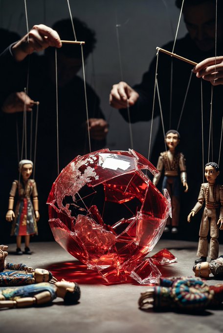 An artistic composition showing marionette puppets surrounding a shattered red glass globe on the ground, with puppeteers' hands manipulating the strings from above.